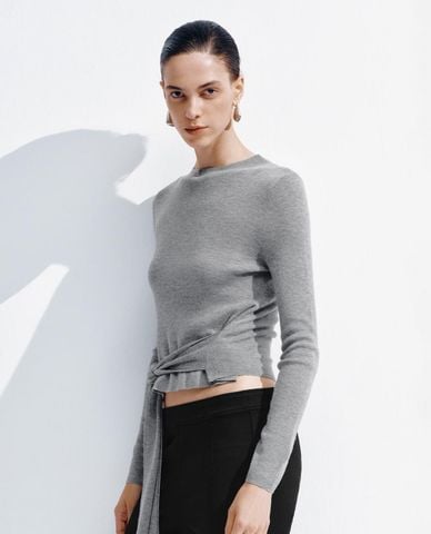  URBAN REVIVO - Áo dệt kim nữ tay dài buộc nơ 