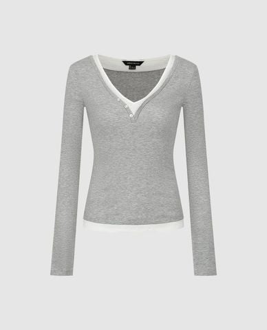  URBAN REVIVO - Áo dệt kim nữ cổ V tay dài phối layer 