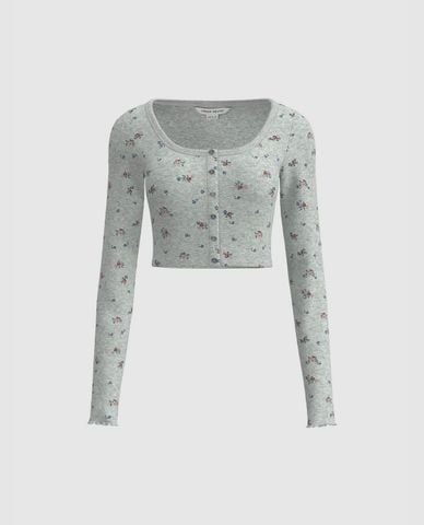  URBAN REVIVO - Áo croptop nữ cổ vuông tay dài Floral 