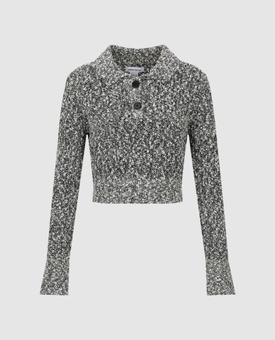  URBAN REVIVO - Áo croptop nữ dệt kim cổ bẻ tay dài Button Half Placket 