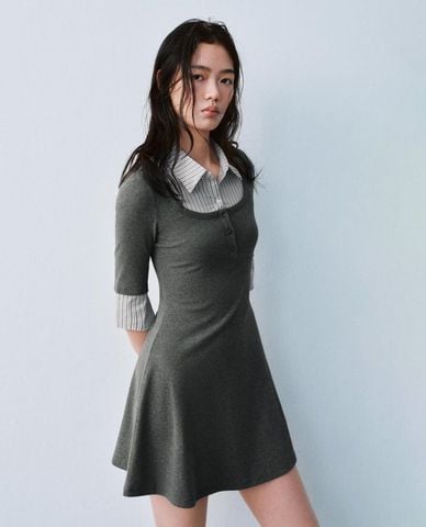  URBAN REVIVO - Đầm mini cổ sơ mi tay lửng 