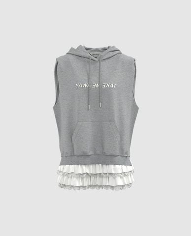  URBAN REVIVO - Áo hoodie nữ sát nách phối tầng bèo 