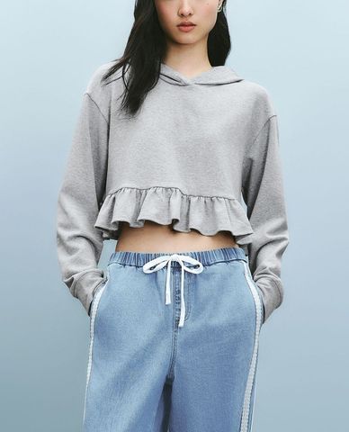  URBAN REVIVO - Áo hoodie nữ phối mũ phom croptop 