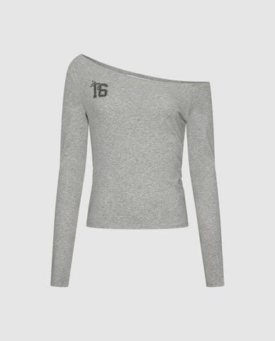  URBAN REVIVO - Áo trễ vai nữ tay dài in số phom ôm 