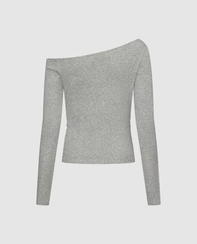  URBAN REVIVO - Áo trễ vai nữ tay dài in số phom ôm 