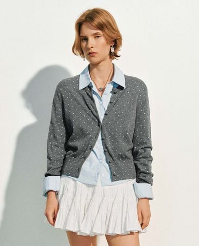  URBAN REVIVO - Áo khoác cardigan nữ cổ tròn họa tiết chấm bi 