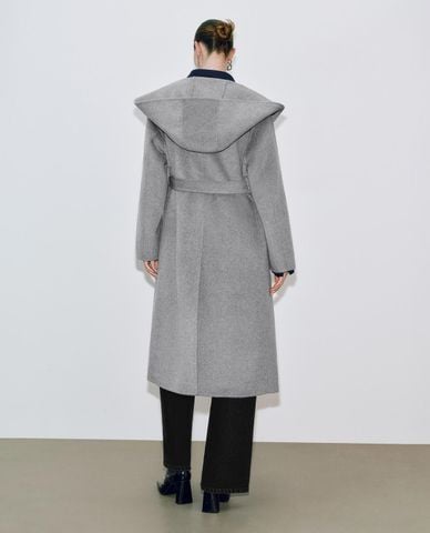  URBAN REVIVO - Áo khoác dạ lông cừu nữ dáng dài phối đai thắt eo 