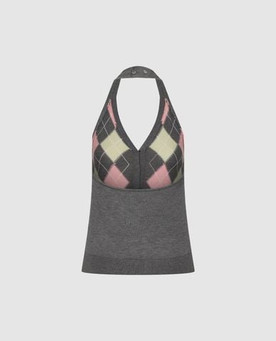  URBAN REVIVO - Áo dệt kim nữ cổ yếm phối họa tiết 