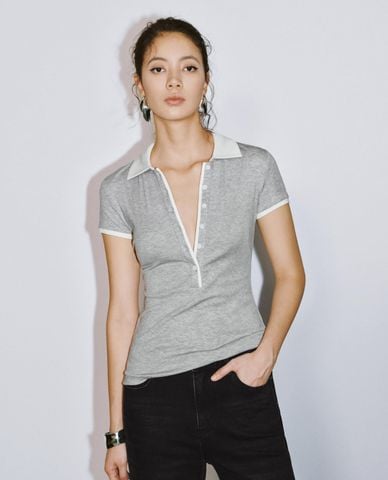  URBAN REVIVO - Áo polo nữ cổ bẻ tay ngắn phom ôm 