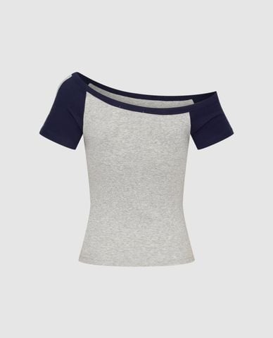  URBAN REVIVO - Áo thun nữ lệch vai tay ngắn phom ôm 