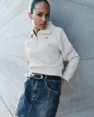  URBAN REVIVO - Áo sweatshirt nữ cổ bẻ tay dài phối khóa zip 
