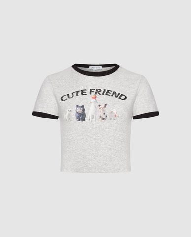  URBAN REVIVO - Áo croptop nữ cổ tròn tay ngắn in hoạ tiết 