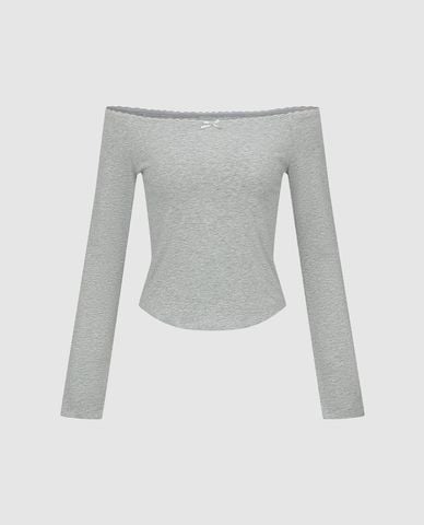  URBAN REVIVO - Áo trễ vai nữ tay dài phom ôm phối nơ 