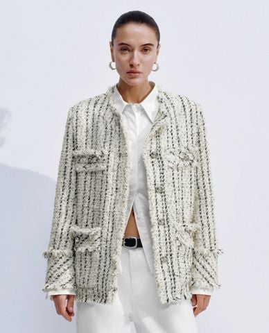  URBAN REVIVO - Áo khoác tweed nữ kẻ sọc ánh kim 