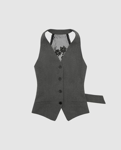  URBAN REVIVO - Áo khoác gilet nữ cổ V hở lưng phối ren 