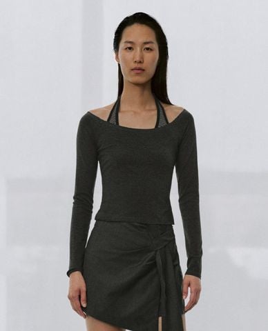  URBAN REVIVO - Áo kiểu nữ trễ vai tay dài phối dây 