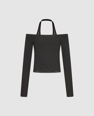  URBAN REVIVO - Áo kiểu nữ trễ vai tay dài phối dây 