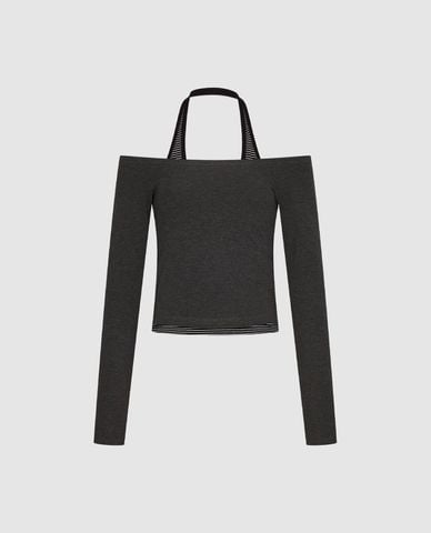  URBAN REVIVO - Áo kiểu nữ trễ vai tay dài phối dây 