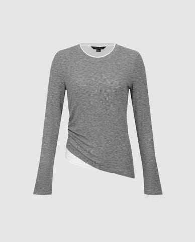  URBAN REVIVO - Áo thun nữ cổ tròn tay dài vạt chéo 