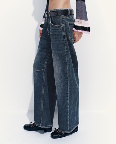  URBAN REVIVO - Quần jeans nữ ống rộng kèm thắt lưng 