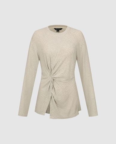  URBAN REVIVO - Áo kiểu nữ cổ tròn tay dài xoắn eo 