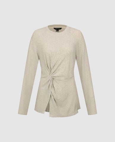  URBAN REVIVO - Áo kiểu nữ cổ tròn tay dài xoắn eo 