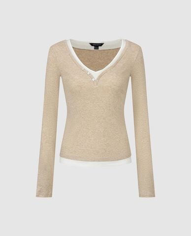  URBAN REVIVO - Áo dệt kim nữ cổ V tay dài phối layer 