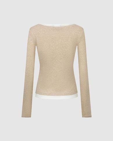  URBAN REVIVO - Áo dệt kim nữ cổ V tay dài phối layer 