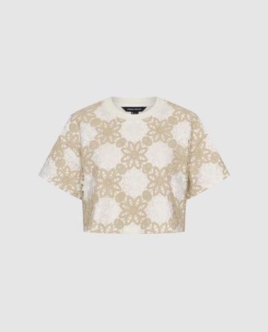  URBAN REVIVO - Áo croptop nữ cổ tròn tay ngắn phối hoa văn 