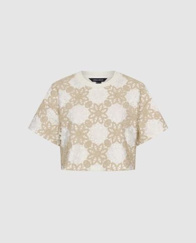  URBAN REVIVO - Áo croptop nữ cổ tròn tay ngắn phối hoa văn 