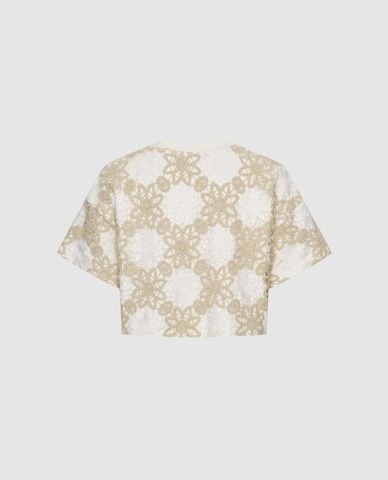  URBAN REVIVO - Áo croptop nữ cổ tròn tay ngắn phối hoa văn 