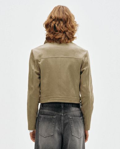  URBAN REVIVO - Áo khoác croptop nữ cổ bẻ tay dài khóa kéo 