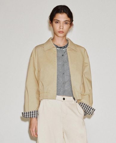  URBAN REVIVO - Áo khoác croptop nữ cổ bẻ sọc caro 