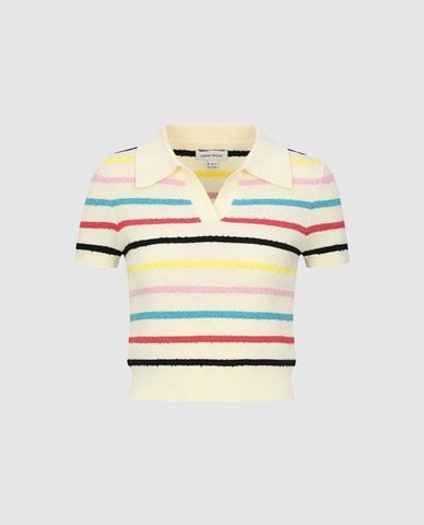  URBAN REVIVO - Áo polo nữ dệt kim cổ bẻ tay ngắn kẻ sọc 