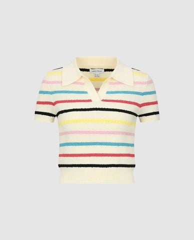  URBAN REVIVO - Áo polo nữ dệt kim cổ bẻ tay ngắn kẻ sọc 