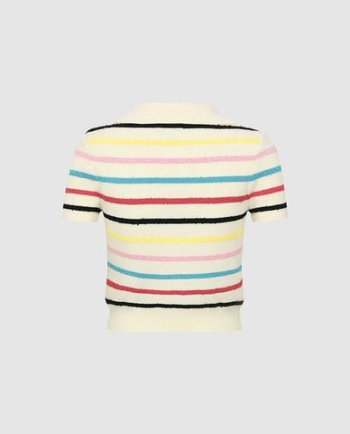  URBAN REVIVO - Áo polo nữ dệt kim cổ bẻ tay ngắn kẻ sọc 