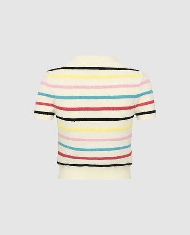  URBAN REVIVO - Áo polo nữ dệt kim cổ bẻ tay ngắn kẻ sọc 