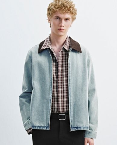  URBAN REVIVO - Áo khoác denim nam cổ nhung tay dài 