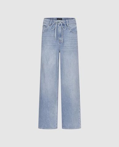  URBAN REVIVO - Quần jeans nữ ống rộng phối dây rút 