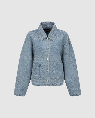  URBAN REVIVO - Áo khoác denim nữ cổ bẻ phối túi 