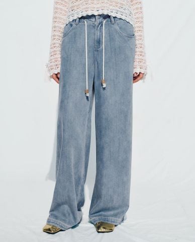  URBAN REVIVO - Quần jeans nữ ống rộng phối dây rút 