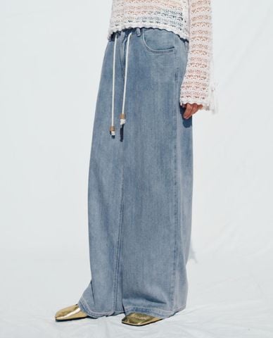  URBAN REVIVO - Quần jeans nữ ống rộng phối dây rút 