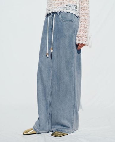  URBAN REVIVO - Quần jeans nữ ống rộng phối dây rút 
