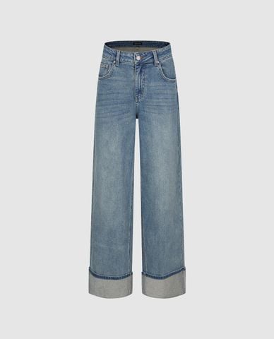  URBAN REVIVO - Quần jeans nữ ống rộng wash bạc gập gấu 