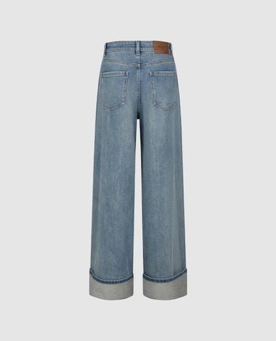  URBAN REVIVO - Quần jeans nữ ống rộng wash bạc gập gấu 