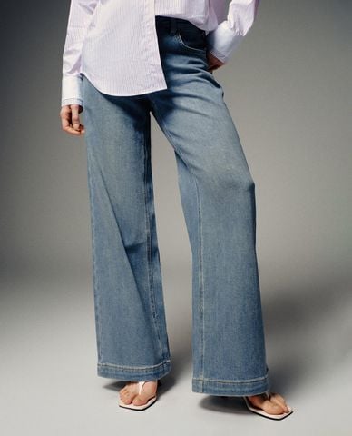  URBAN REVIVO - Quần jeans nữ ống rộng wash bạc 