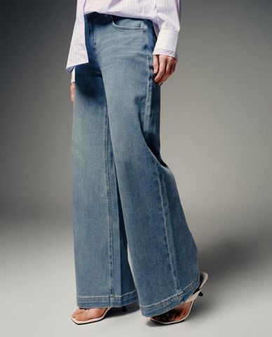  URBAN REVIVO - Quần jeans nữ ống rộng wash bạc 