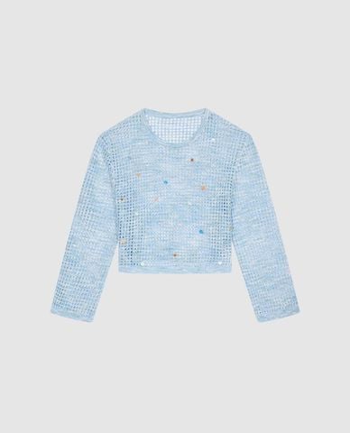  URBAN REVIVO - Áo dệt kim nữ tay dài kiểu lưới đính hạt 