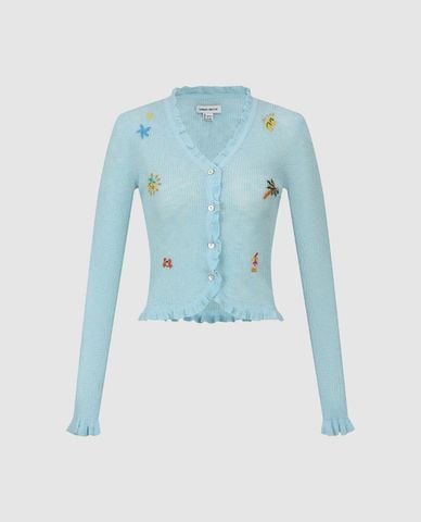  URBAN REVIVO - Áo khoác dệt kim nữ viền bèo thêu họa tiết 