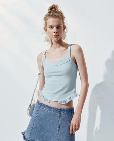  URBAN REVIVO - Áo hai dây nữ phom ôm viền ren 